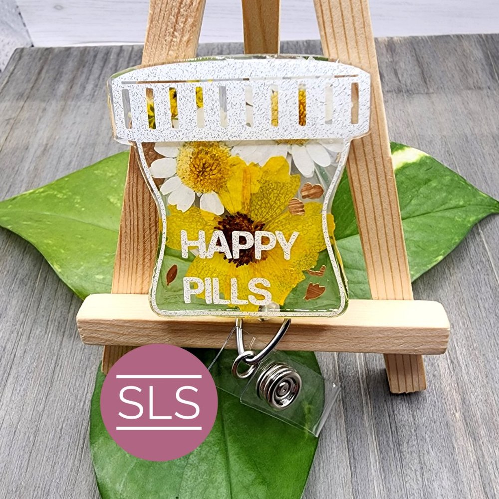 Customizable Floral Pill Bottle Badge Reel-Happy Pill Pharmacy Badge Holder